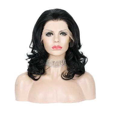 Imagem de Perucas pretas femininas onduladas curtas sintéticas Lace Front Wig Heat Reisistant Fiber Cosplay Perucas