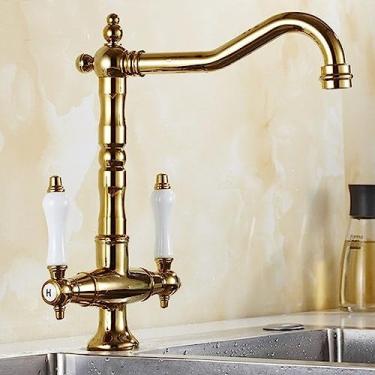 Imagem de Torneira para cozinha com manípulo duplo de latão antigo, torneira retrô com rotação de grau, torneiras para pia de cozinha, misturador de pia de banheiro montado no convés, SLT166G