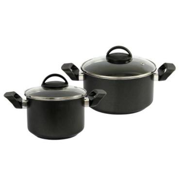 Imagem de Jogo 2 Peças: Caçarolas Antiaderentes Tampas de Vidro Preta - Panelaço