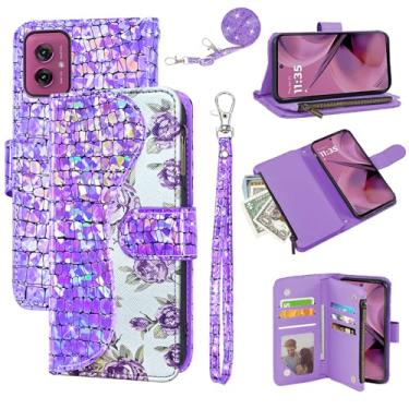 Imagem de Dibosom Capa carteira floral para Motorola Moto G55 5G com alça de pulso alça de ombro flip zíper bolsa porta-cartão, suporte de couro PU de luxo brilhante brilhante brilhante capa de celular para