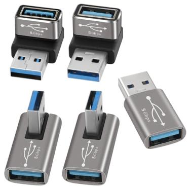Imagem de Adaptador Angle USB 3.0, pacote com 5, vários ângulos (para cima/baixo/esquerdo/direito/reto), conversor de conector USB A macho para fêmea, extensor em forma de L, suporta carregamento e