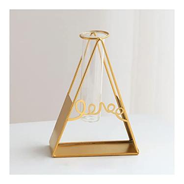 Imagem de Vaso de flores A moldura geométrica de ferro dourado está equipada com um pequeno vaso de vidro. Feito à mão para casa, escritório, casamento, banquete, decoração, vaso (sem flores), vasos de flores