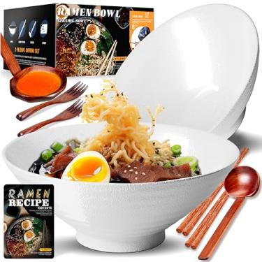 Imagem de Conjunto de 2 tigelas de ramen de cerâmica - Ideal para macarrão de salada tigela japonesa de cerâmica 2 × 1000 ml Capacidade com hashis e colher ideias de presentes para homens e mulheres