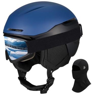 Imagem de JQF Gear Capacete de esqui capacete de snowboard para adultos, homens e mulheres, capacete de neve ajustável X13 com óculos para esportes de neve (óculos de esqui azul-fosco (máscara de esqui), médio)