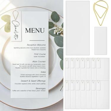 Imagem de Humyoun Conjunto de 50 cartões de menu de 34,5 kg / 210 g/m² com clipes de papel em forma de gota para mesa faça-você-mesmo, cartolina branca em branco para casamento, jantar, banquete, mesa