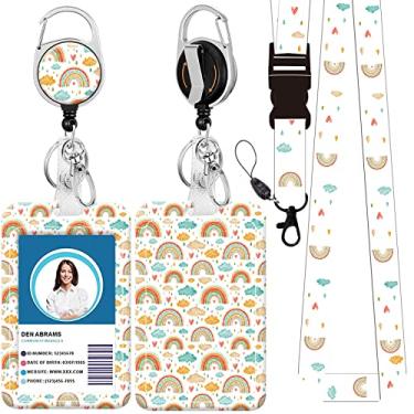 Imagem de Cordão de crachá, suporte retrátil para crachá com mosquetão e clipe de cinto, cordão com fecho lagosta para porta-crachás, presente de escritório para enfermeiras e professores (BLC-Rainbows)