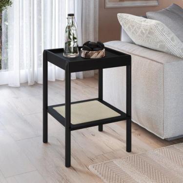 Imagem de Mesa Lateral Quadrada com Prateleira 43cm Palhinha Pé Madeira Oslo Pre
