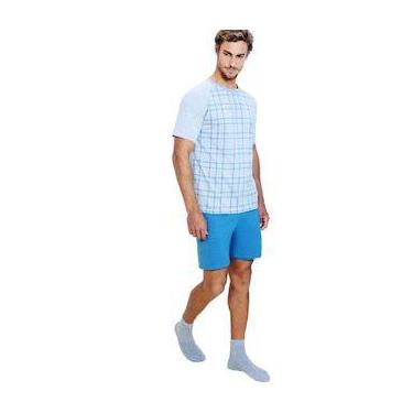 Imagem de Pijama Masculino Xadrez Lupo Camiseta E Short Azul E Branco
