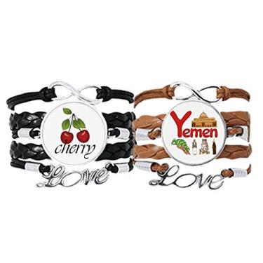 Imagem de DIYthinker Pulseira Yemen National Symbol Landmark Pattern Pulseira de mão corda de couro Cherry Love conjunto duplo