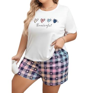 Imagem de Floerns Pijama feminino plus size, conjunto de 2 peças, camiseta com estampa de coração e shorts xadrez, Branco multi, 5X-Large Plus