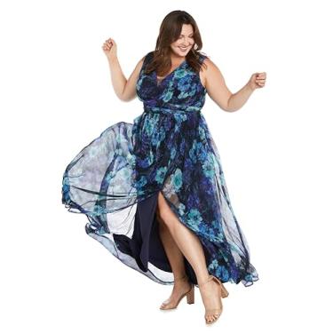 Imagem de R&M Richards Vestido floral plissado longo enrugado W/V fenda frontal e lateral, Azul-marinho/pervinca, 50