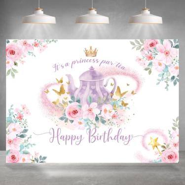 Imagem de Rsuuinu Tema Tea Party Pano de fundo de feliz aniversário É uma princesa Partea floral coroa país das maravilhas para meninas aniversário recém-nascido chá de bebê decoração suprimentos banner cabine