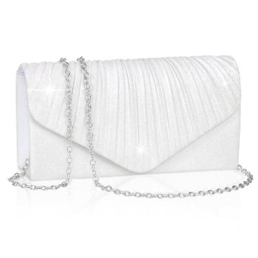 Imagem de Larcenciel Bolsa clutch branca para mulheres, elegantes bolsas de noite plissadas com alça de corrente, bolsa clutch envelope de lantejoulas verdes brilhantes, bolsa de ombro formal para casamento,