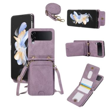 Imagem de Asuwish Capa de telefone para Samsung Galaxy Z Flip 3 5G 2021 capa carteira com alça de pulso de vidro temperado suporte de cartão acessórios celulares ZFlip3 Z3 Flip3 ZFlip 3Z mulheres homens roxo