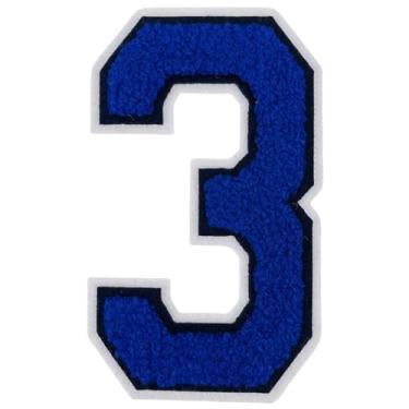 Imagem de 1 peça de adesivos de número de chenille azul real de 12,7 cm com borda branca, aplique de ferro para roupas, jaquetas, mochilas, adesivos de número estilo universitário par com patch de letras