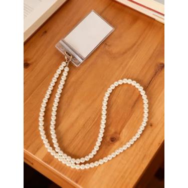 Imagem de Cordão feminino elegante com contas de pérola com suporte para crachá de identificação, acessório de chaveiro moderno para professores e profissionais de escritório