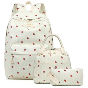 Imagem de Mochila escolar Bluboon juvenil feminina bege com estampa de morangos, conjunto 3 peças com lancheira térmica e estojo, para notebook 35