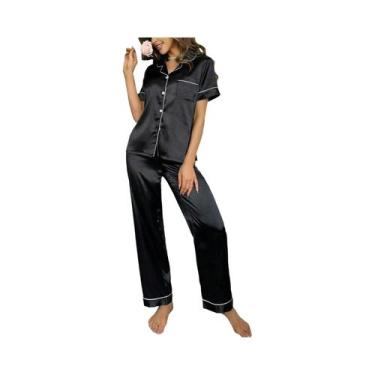 Imagem de Conjunto De Pijama De Seda Para Mulheres Com Camisa De Manga Longa E B