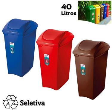 Imagem de Kit 3 Lixeiras 40 Litros Seletivas Para Plástico Papel Lixo Orgânico Cesto Tampa Basculante - Sanremo