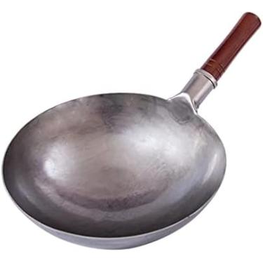 Imagem de Panela Wok De Ferro Fundido Tradicional Chinesa E Frigideira Com Fundo Redondo Com Cabo De Madeira,Prata,40cm,YUYANAIAI