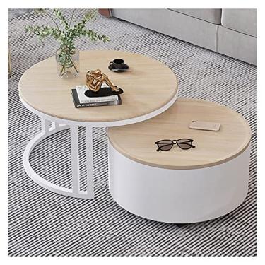 Imagem de Mesa de centro lateral de 70 cm, conjunto de 2 mesas de centro 2 em 1, mesa lateral redonda com compartimento de armazenamento, mesa de centro de estilo moderno com pernas de metal para sala de estar, conjunto empilhável de 2 peças