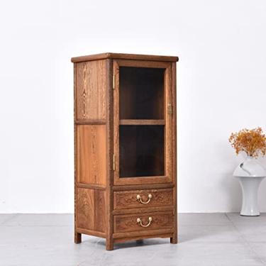 Imagem de FIONEL Armário de vinho de madeira para vinho, armário de aparador de entrada, baú de armazenamento de detalhes em estilo chinês vintage antigo com porta de vidro Armazenamento de vinho (Tamanho: M)