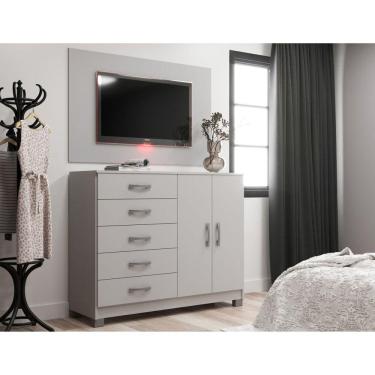 Imagem de Cômoda Sapateira 2 Portas 5 Gavetas com Pés + Painel para Tv até 55 Polegadas Branco