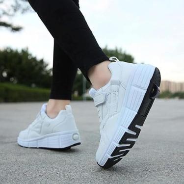 Imagem de Sapatos de patins para meninas e meninos, rodas retráteis para skate, tênis unissex para esportes ao ar livre e ginástica, patins multiuso 2 em 1, roda única branca, 41 UE