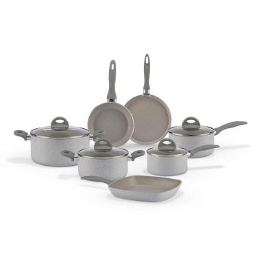 Imagem de Jogo de Panelas Brinox Antiaderente Ceramic Life 7 Peças Marble Blend com Indução Cinza Claro