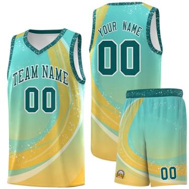 Imagem de Camiseta de basquete personalizada - Número do nome do time personalizado uniforme esportivo para homens mulheres jovens, Verde e amarelo - 07, One Size