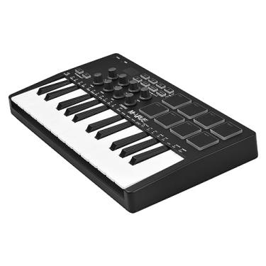 Imagem de XCPHGFM Teclado de controle MIDI de 25 teclas Mini teclado USB portátil Controlador MIDI com 25 teclas sensíveis à velocidade 8 almofadas retroiluminadas RGB 8 botões