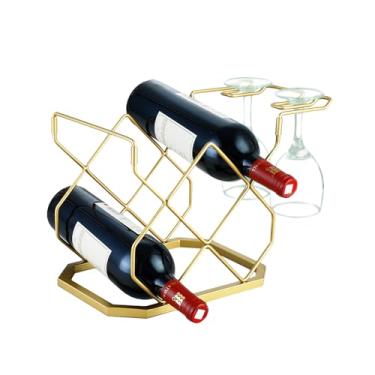 Imagem de XUCHUAN Rack de vinho com bancada de prateleira de vidro, rack de vinho pequeno independente moderno, comporta 5 garrafas de vinho e 2 copos, suporte de vinho de mesa de metal para armário de adega de