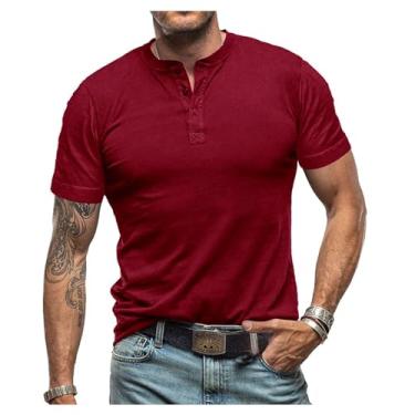 Imagem de Camisetas masculinas manga curta gola redonda Henley camisetas cor sólida abotoado casual esportes tops, Vinho tinto, M