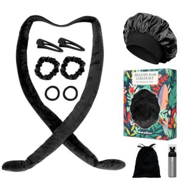 Imagem de Gwabee Conjunto de tiara sem calor para mulheres e meninas – Touca de cetim macio com rolos para cachos longos de cabelo, caixa de presente com 10 peças, preta