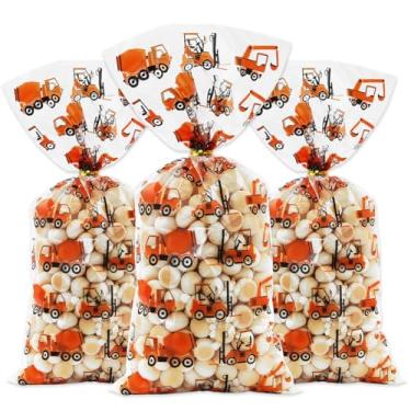 Imagem de 100 peças de construção, escavadeira, escavadeira, guindaste, com tema de caminhão de cimento, sacos de celofane, sacolas de presente com 100 peças de gravatas douradas para crianças e meninos