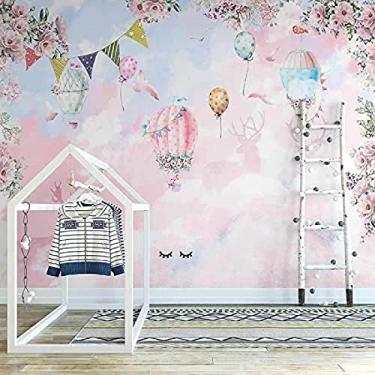 Imagem de Papel de parede mural personalizado Nórdico 3D nuvens rosa balão de ar fundo de quarto infantil para paredes de quarto -350X245cm,400x280cm (157 x 110 pol.)