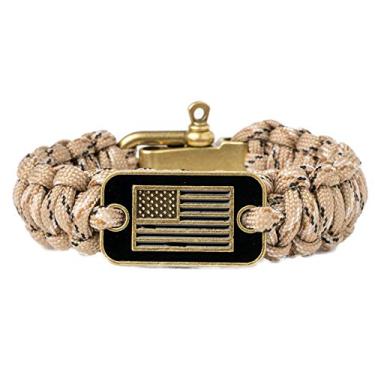 Imagem de iHeartDogs Hero Company – Pulseira masculina tática de sobrevivência com bandeira de bronze dos EUA – Ajuda a emparelhar veteranos militares com um cão de companhia, 7 5 inch, Cordão de bronze e nylon