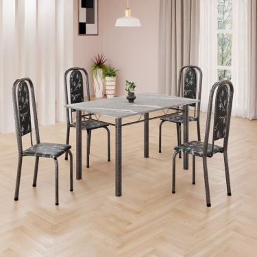 Imagem de Conjunto de Mesa Retangular a 120x75cm Tampo Granito Topázio 4 Cadeiras Lavínea Preto Floral/ Mart Prata