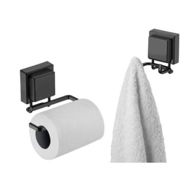 Imagem de kit banheiro preto fosco ventosa 2 peça Future papeleira e gancho dupl