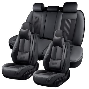 Imagem de BWTJF Conjunto completo de capas de assento de carro, capas para bancos dianteiros e traseiros para carros, protetores de assento automotivo de couro à prova d'água com almofada de cabeça, almofadas de assento de carro adequadas para a maioria dos sedans SUV, preto