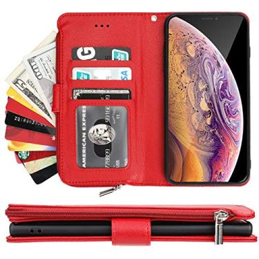 Imagem de ShunJieTech Capa para iPhone Xs Max, capa para iPhone xsmax, capa carteira de couro PU com zíper fecho magnético com compartimentos para cartões para iPhone Xs Max (6,5 polegadas) - vermelho
