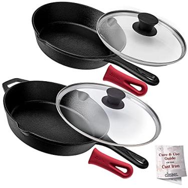 Imagem de Conjunto de frigideira de ferro fundido - 20 cm + frigideiras de 25,4 cm + tampas de vidro + capas de silicone para alça de silicone - panelas seguras para forno pré-temperadas - uso interno/externo