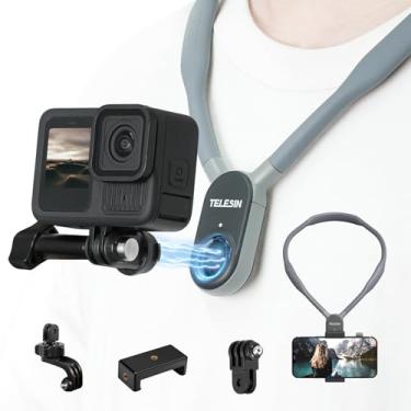 Imagem de TELESIN Suporte magnético para colar de suporte de pescoço com adaptador vertical de clipe de telefone, cabeça peito ombro POV bicicleta acessórios de motocicleta para GoPro Max Hero