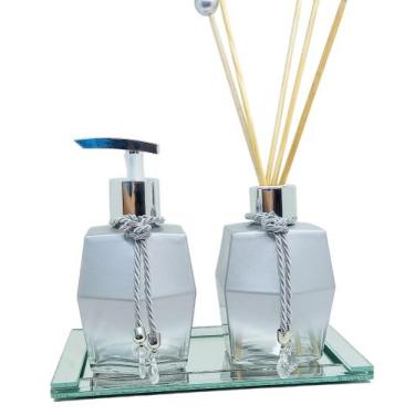 Imagem de Kit Lavabo Banheiro diamante Prata 250 ml Luxo Bandeja - Ambiente Hous
