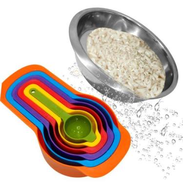 Imagem de Kit-6 Pcs Copo Medidor Coloridos + Escorredor De Arroz Aço Inox - Bono