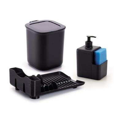 Imagem de Kit de Pia 3 Peças Dasplast | Escorredor de Louça para até 6 Pratos Porta-Talheres | Lixeira de Pia com Tampa Basculante 2,5L | Dispenser para Detergente 500ml com Suporte para Esponja | Organização