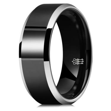 Imagem de THREE KEYS JEWELRY Aliança de casamento masculina básica de tungstênio de 8 mm preta com superfície altamente polida/azul fosco escovado polido borda confortável ajuste tamanho 7-14, Metal não