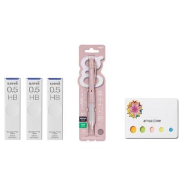 Imagem de amazdone Lapiseira uni Alpha Gel switch 0,5 mm, corpo rosa de algodão (M51009GG1P.51) + grafite de lapiseira uni, as pontas à prova de manchas Uni 0,5 mm HB conjunto de 3 notas adesivas