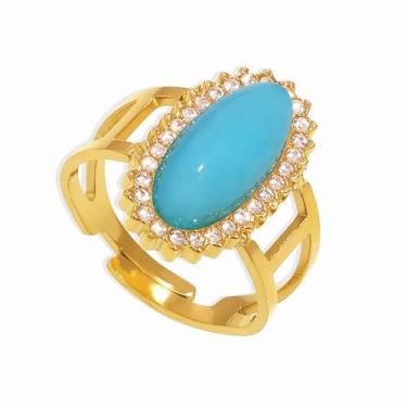 Imagem de Dikixe Anel de declaração de zircão Amazonita 3A banhado a ouro 18 K, anel ajustável de aço inoxidável com pedra preciosa azul natural, joia de coquetel estilo vintage arrojado para mulheres, Zircônia