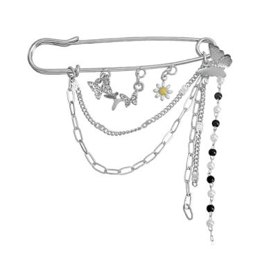 Imagem de Broche de corrente de borla de lua estrela dourada broche de pingente de colar para mulheres homem cristal lua estrela broche de colar pinos de zircônia cúbica suéter clipes de xaile broche de